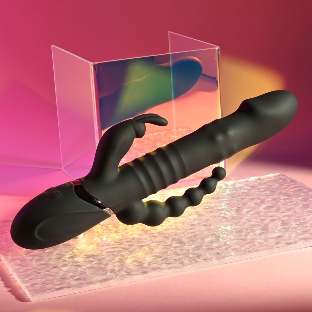 Playboy Pleasure BIG BUNNY ENERGY - Black 26.2 cm USB Rechargeable Rabbit Vibrator with Anal Beads - Silk and Sin