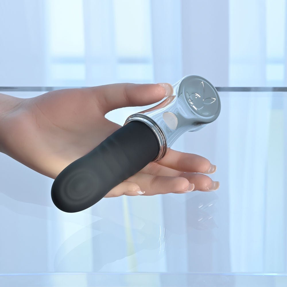 Playboy Pleasure BON VOYAGE - Black/Chrome 18.7 cm USB - C Rechargeable Tapping Vibrator - silkandsin