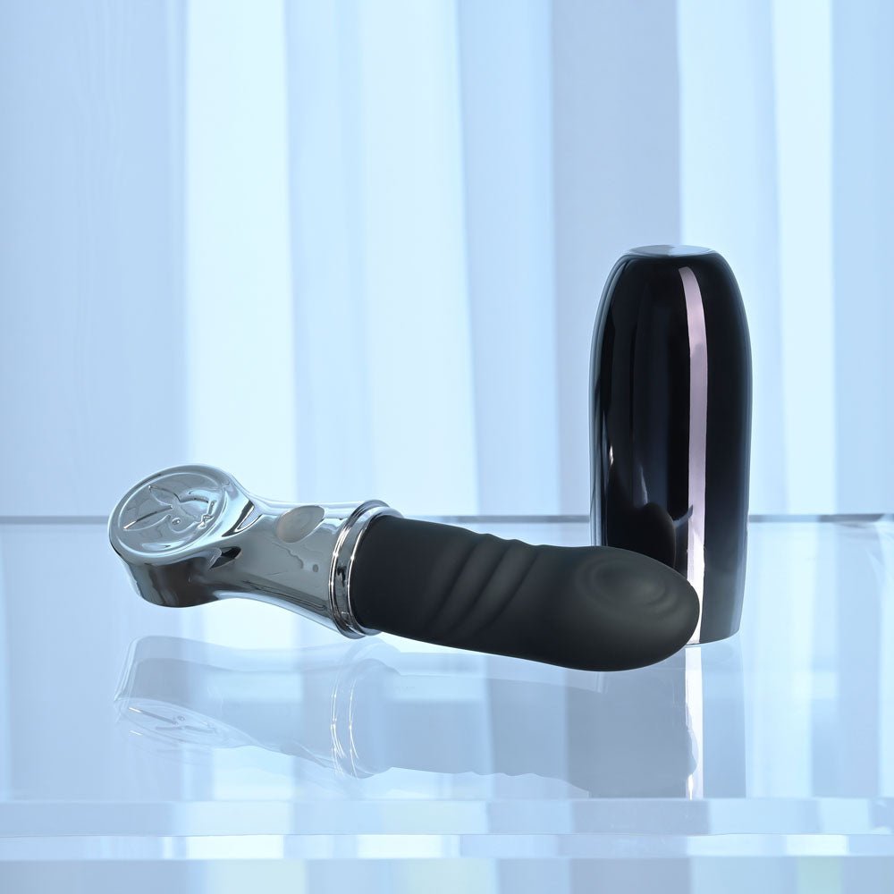 Playboy Pleasure BON VOYAGE - Black/Chrome 18.7 cm USB - C Rechargeable Tapping Vibrator - silkandsin