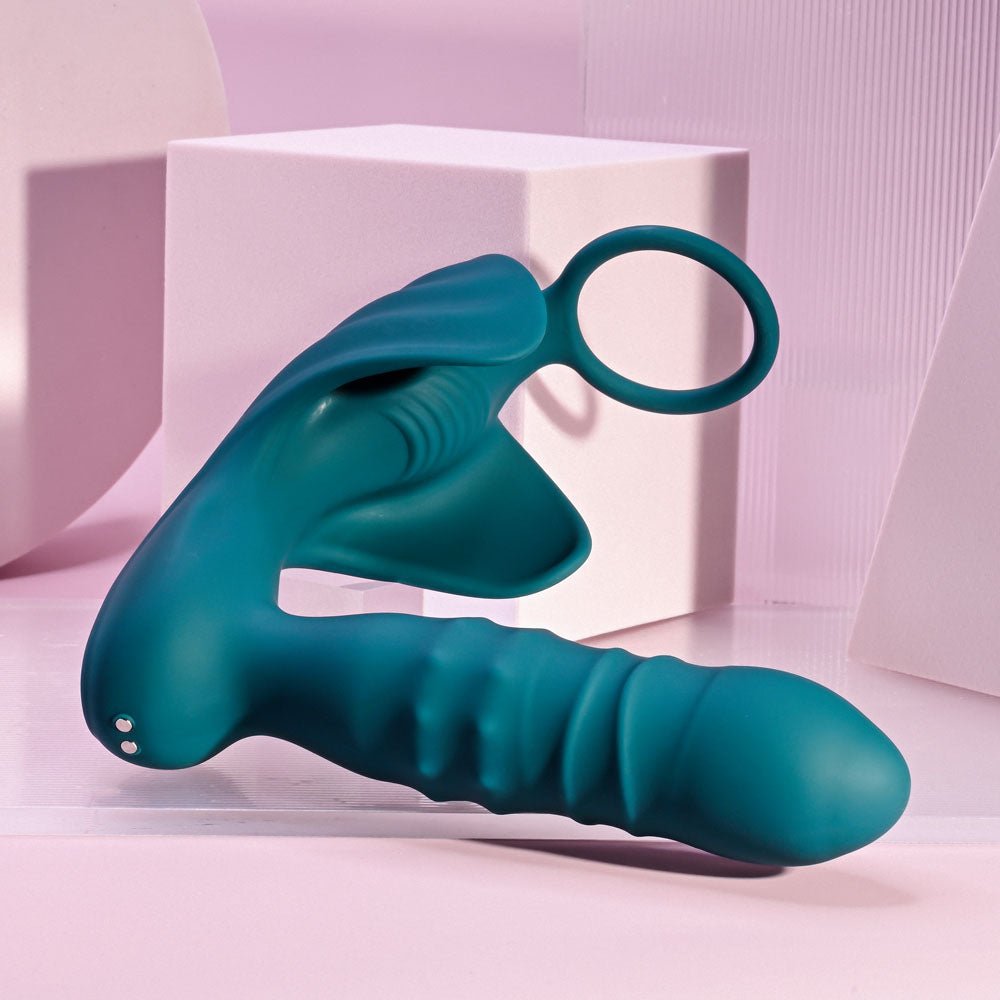 Playboy Pleasure BRING IT ON - Teal USB Rechargeable Thrusting Anal Plug with Cock Ring - silkandsin