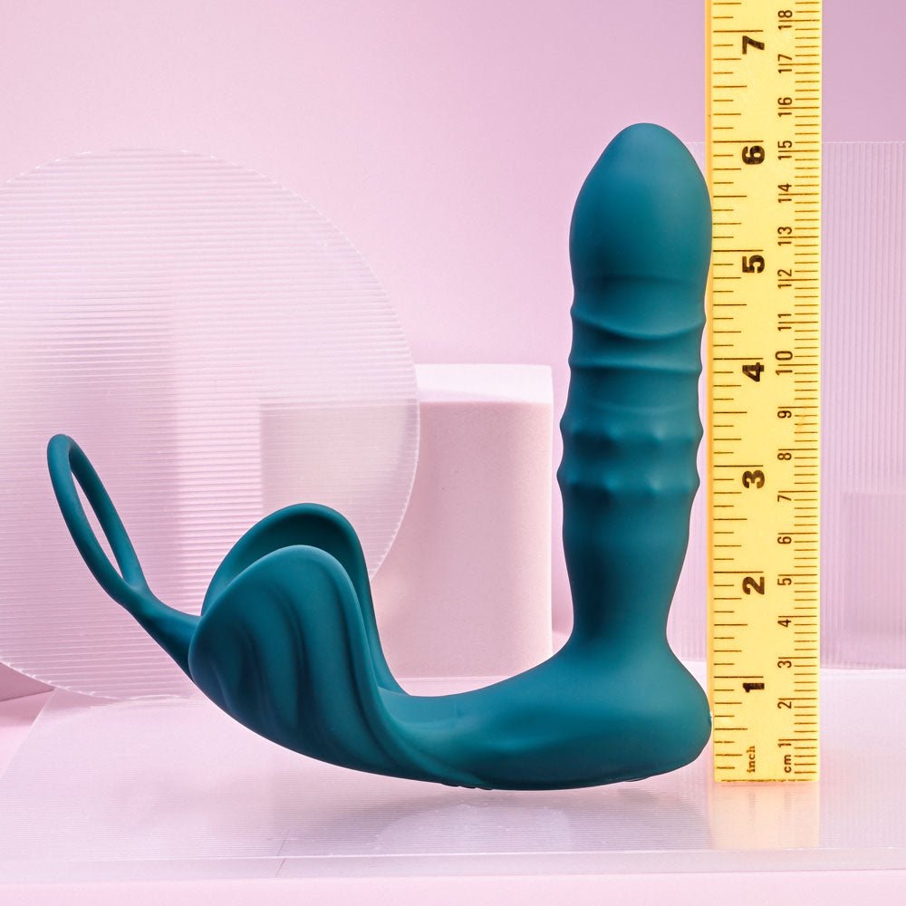 Playboy Pleasure BRING IT ON - Teal USB Rechargeable Thrusting Anal Plug with Cock Ring - silkandsin