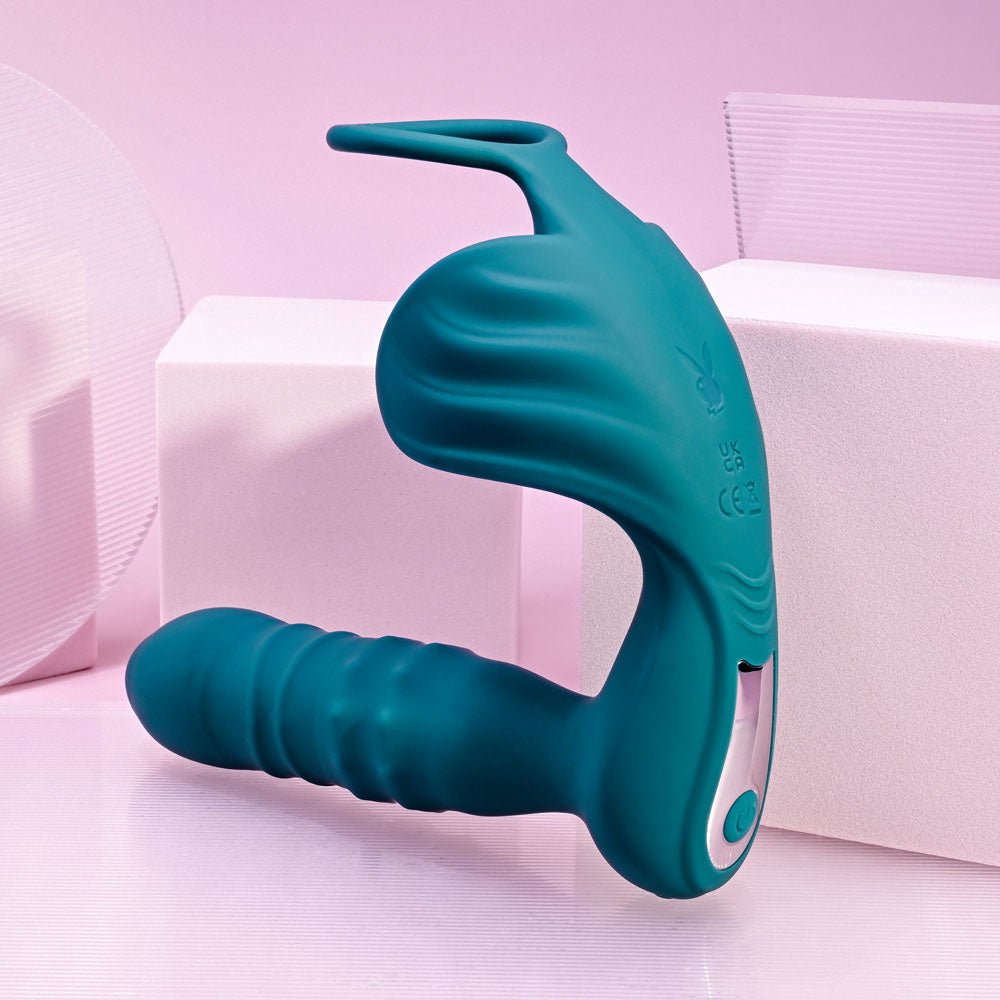 Playboy Pleasure BRING IT ON - Teal USB Rechargeable Thrusting Anal Plug with Cock Ring - silkandsin