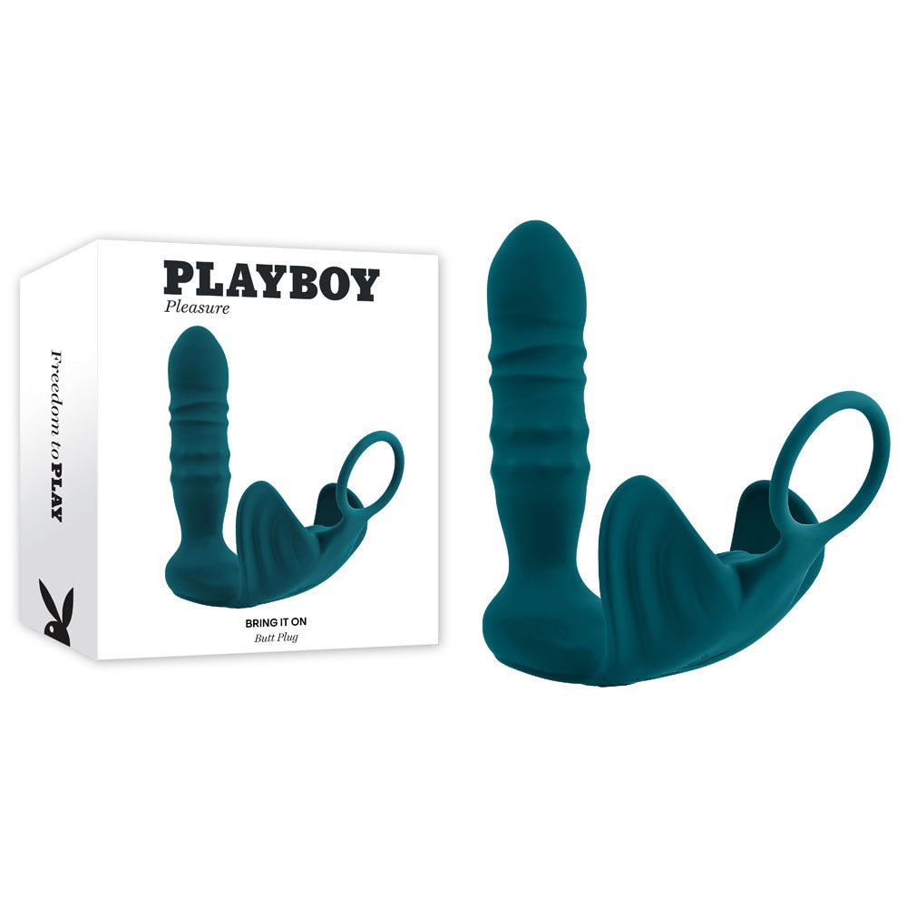 Playboy Pleasure BRING IT ON - Teal USB Rechargeable Thrusting Anal Plug with Cock Ring - silkandsin