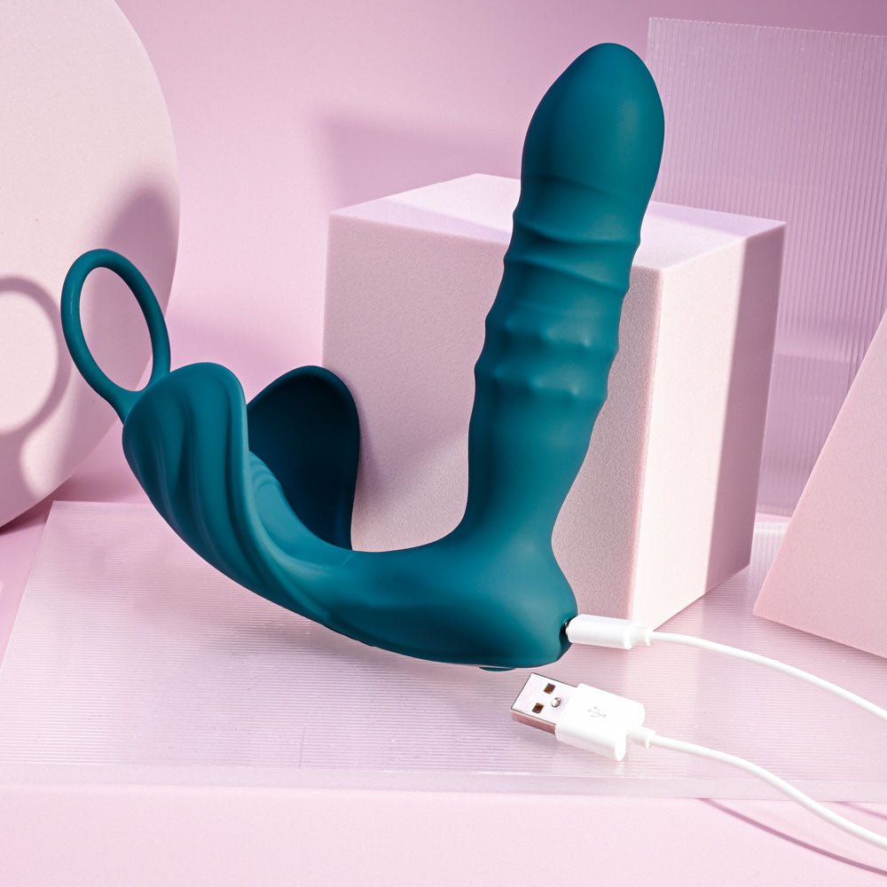Playboy Pleasure BRING IT ON - Teal USB Rechargeable Thrusting Anal Plug with Cock Ring - silkandsin