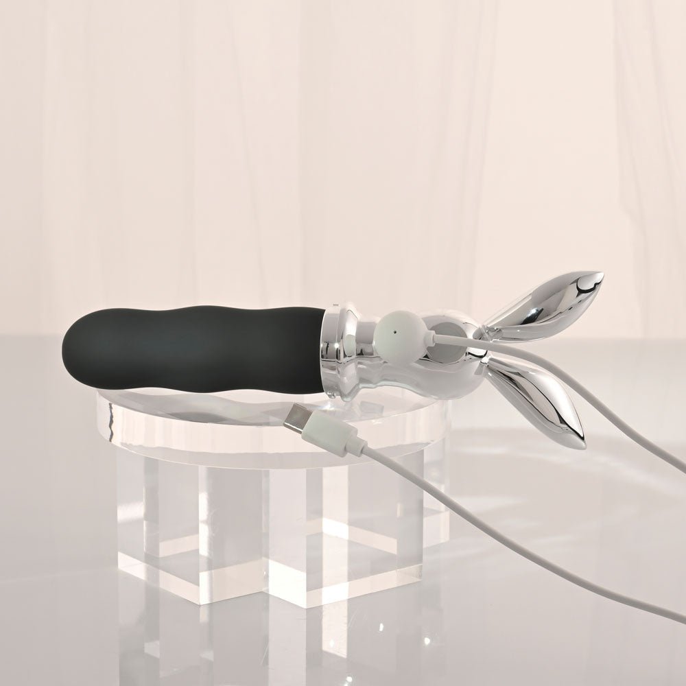 Playboy Pleasure BUNNY ON THE GO - Black/Chrome 18.6 cm USB - C Rechargeable Vibrator - silkandsin