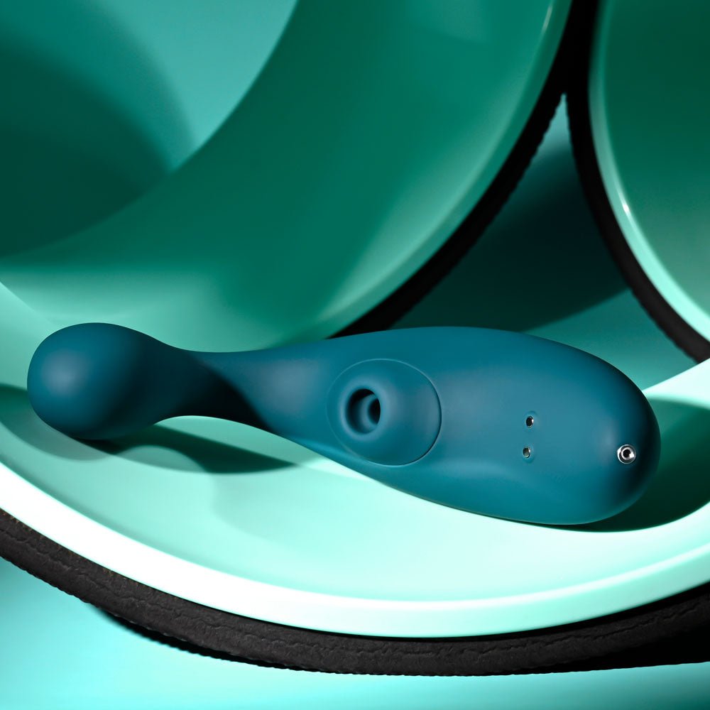 Playboy Pleasure CHARMER - Blue USB Rechargeable Vibrator with Clitoral Suction - silkandsin