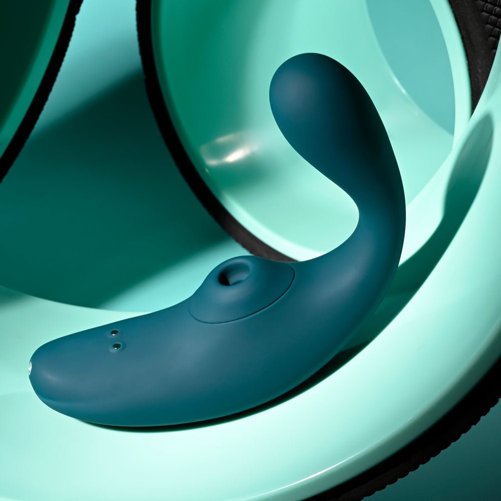 Playboy Pleasure CHARMER - Blue USB Rechargeable Vibrator with Clitoral Suction - silkandsin