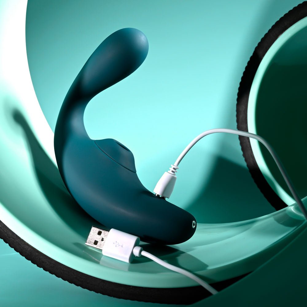 Playboy Pleasure CHARMER - Blue USB Rechargeable Vibrator with Clitoral Suction - silkandsin