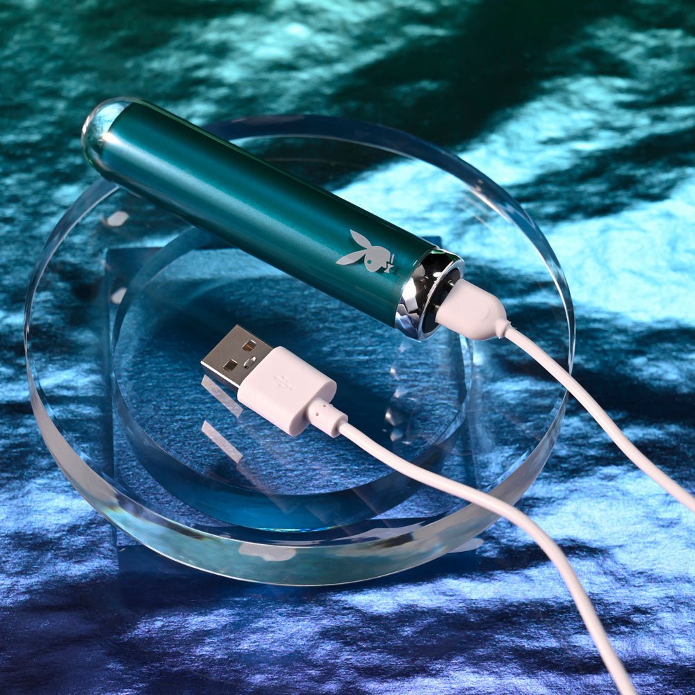 Playboy Pleasure EMERALD - Blue 9.1 cm USB Rechargeable Glass Tipped Bullet - silkandsin