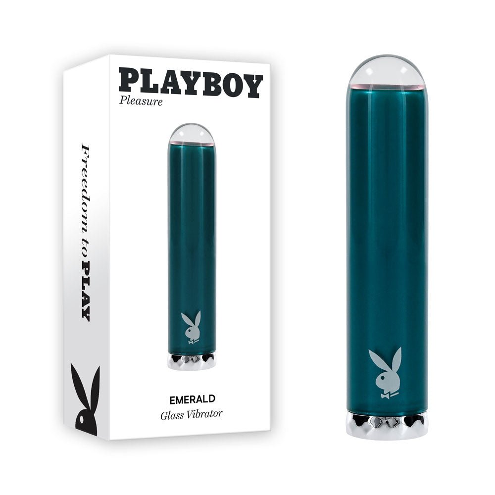 Playboy Pleasure EMERALD - Blue 9.1 cm USB Rechargeable Glass Tipped Bullet - silkandsin
