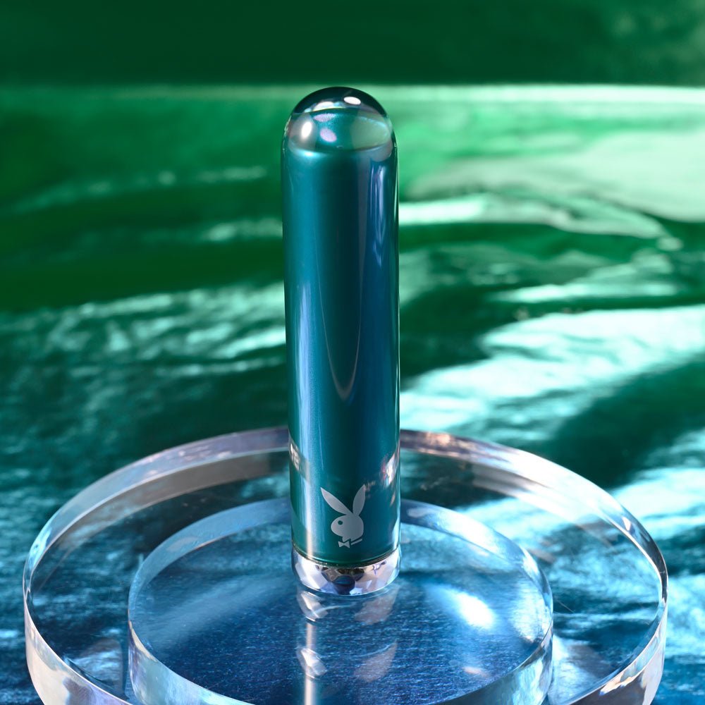 Playboy Pleasure EMERALD - Blue 9.1 cm USB Rechargeable Glass Tipped Bullet - silkandsin