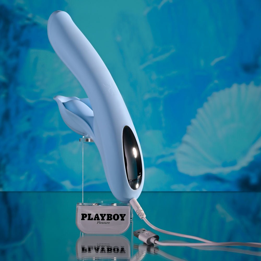 Playboy Pleasure IN BLOOM - Blue 23.5 cm USB Rechargeable Thrusting Tapping & Heating Dual Vibrator - silkandsin