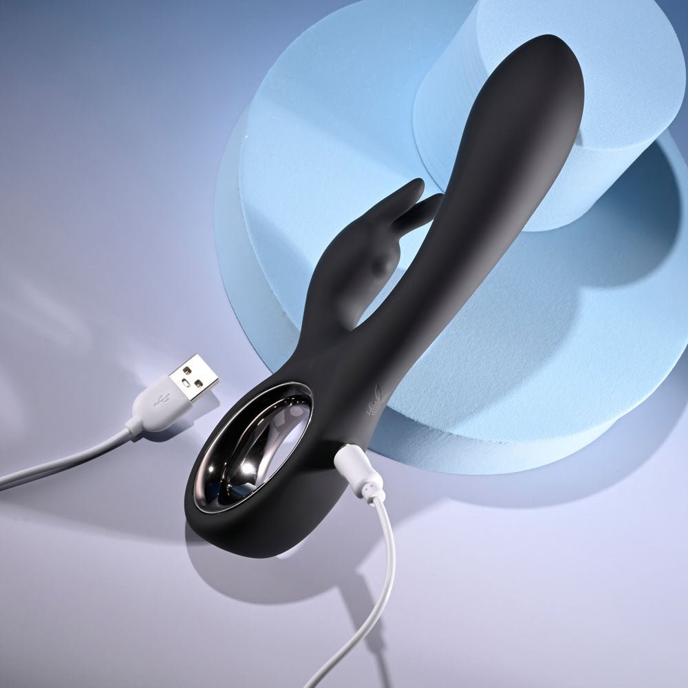 Playboy Pleasure LATE NIGHT BUNNY - Black 20 cm USB Rechargeable Rabbit Vibrator - silkandsin