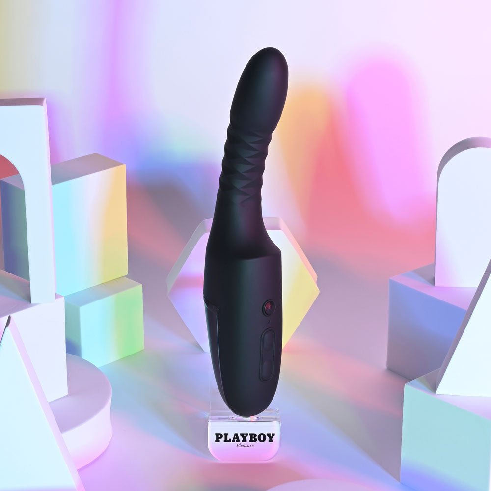Playboy Pleasure OVERDRIVE - Black 28.2 cm USB Rechargeable Thrusting Vibrator - silkandsin