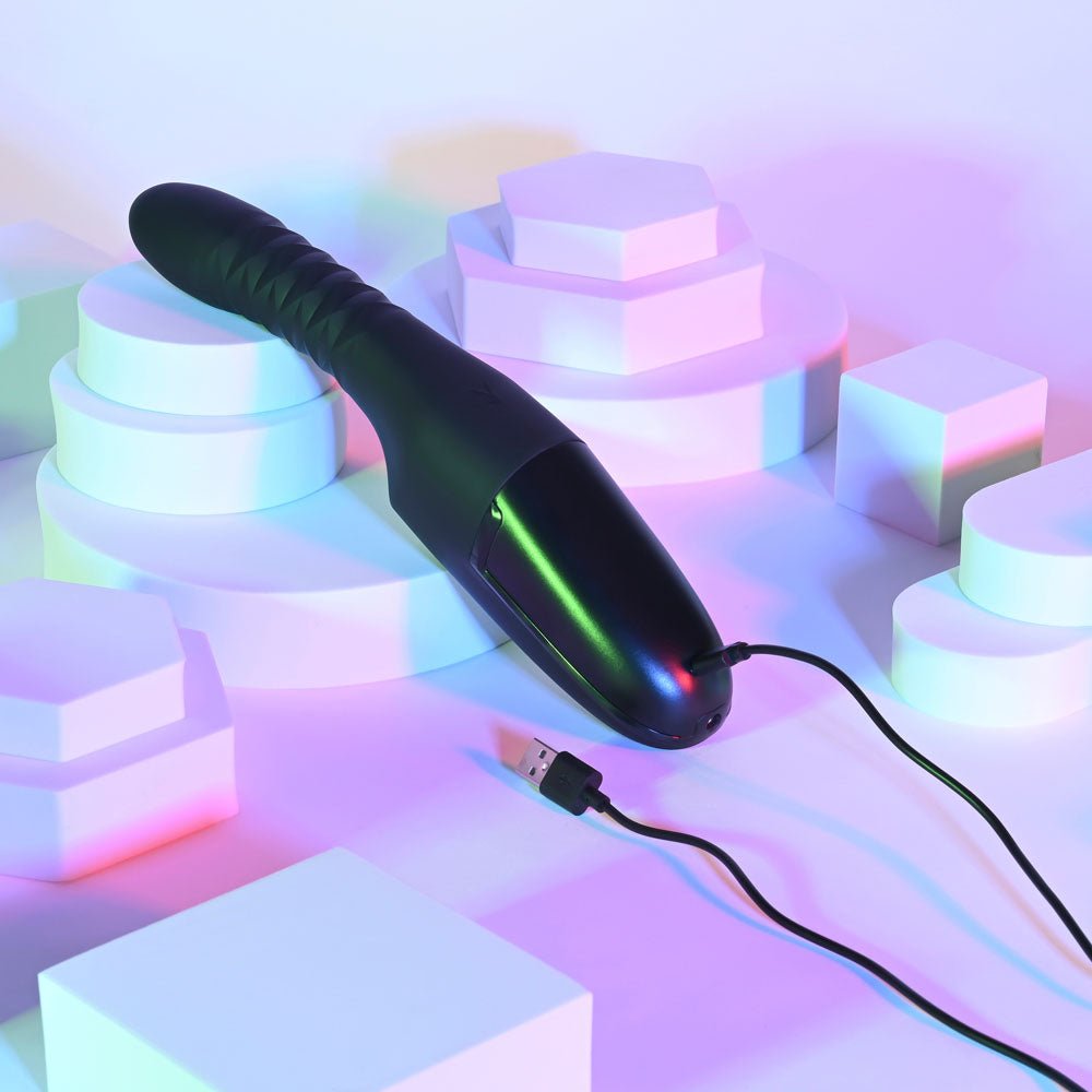 Playboy Pleasure OVERDRIVE - Black 28.2 cm USB Rechargeable Thrusting Vibrator - silkandsin