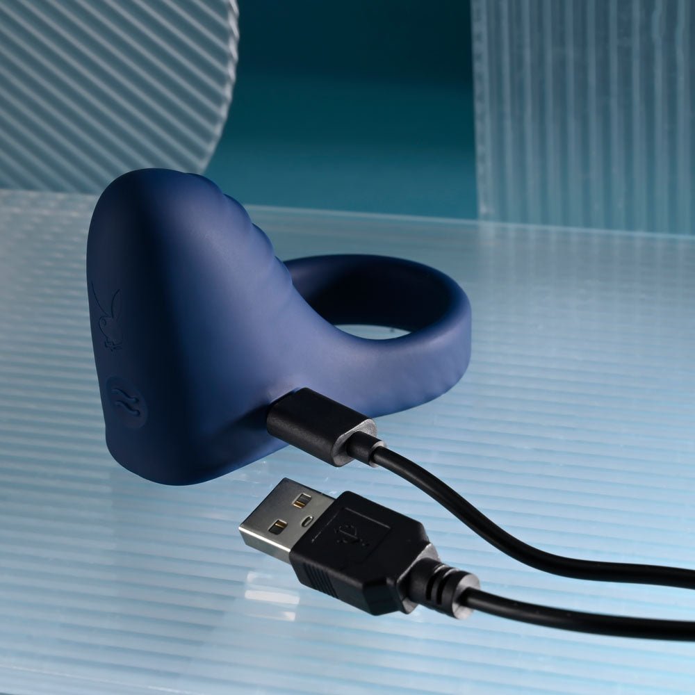 Playboy Pleasure PLEASURE POINT - Blue USB Rechargeable Vibrating Cock Ring - silkandsin