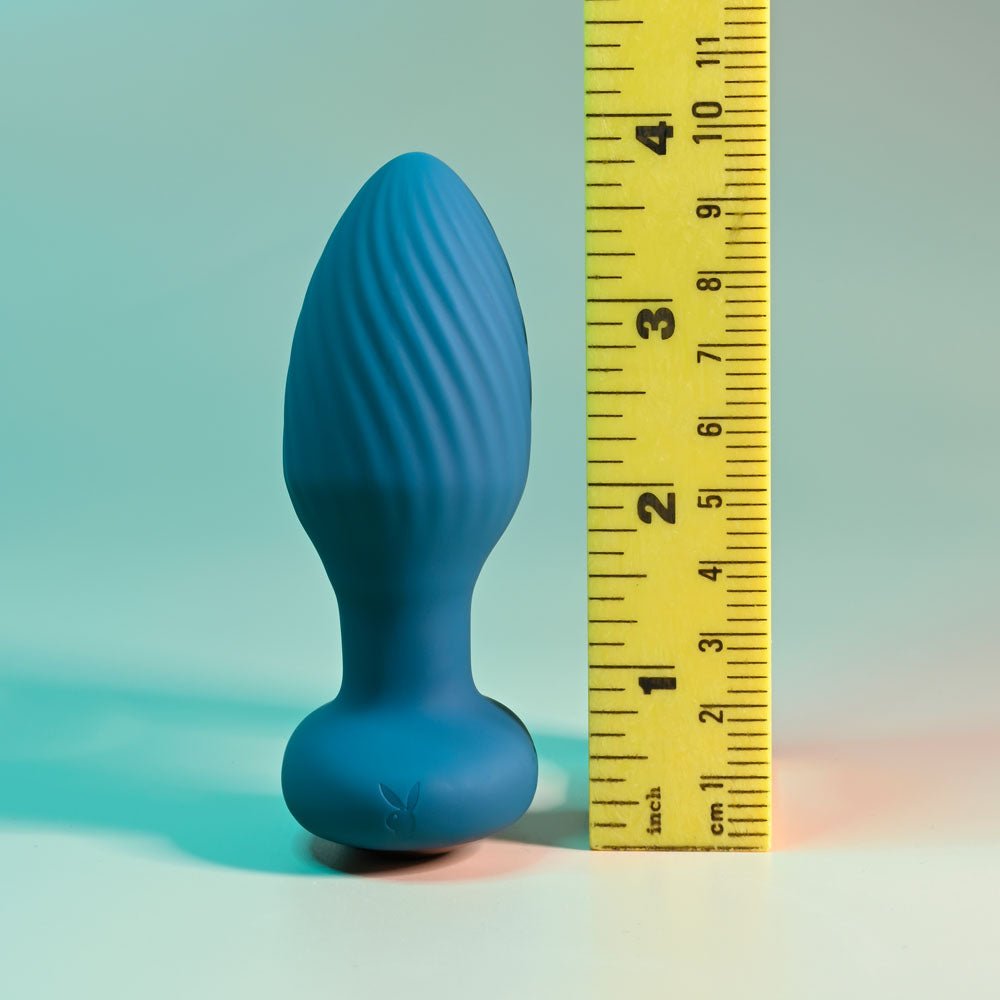 Playboy Pleasure SPINNING TAIL TEASER - Blue 9.7 cm USB Rechargeable Vibrating & Rotating Butt Plug with Wireless Remote - silkandsin