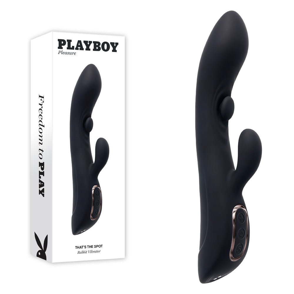 Playboy Pleasure THATS THE SPOT - Black 23.3 cm USB Rechargeable Rabbit Vibrator with G - Spot Tapper - silkandsin