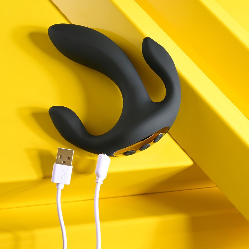 Playboy Pleasure TRIPLE THREAT - Black USB Rechargeable Triple Probe Vibrator - silkandsin