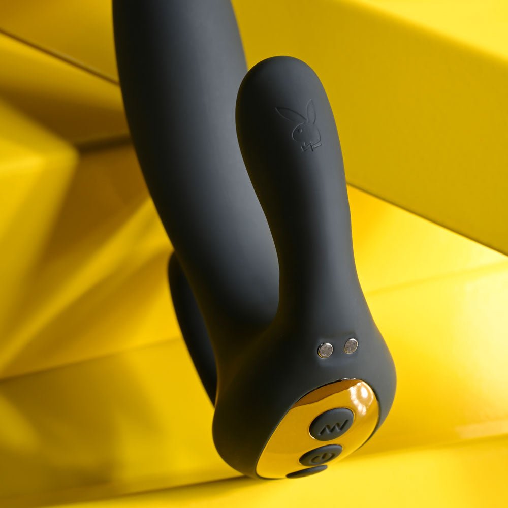 Playboy Pleasure TRIPLE THREAT - Black USB Rechargeable Triple Probe Vibrator - silkandsin