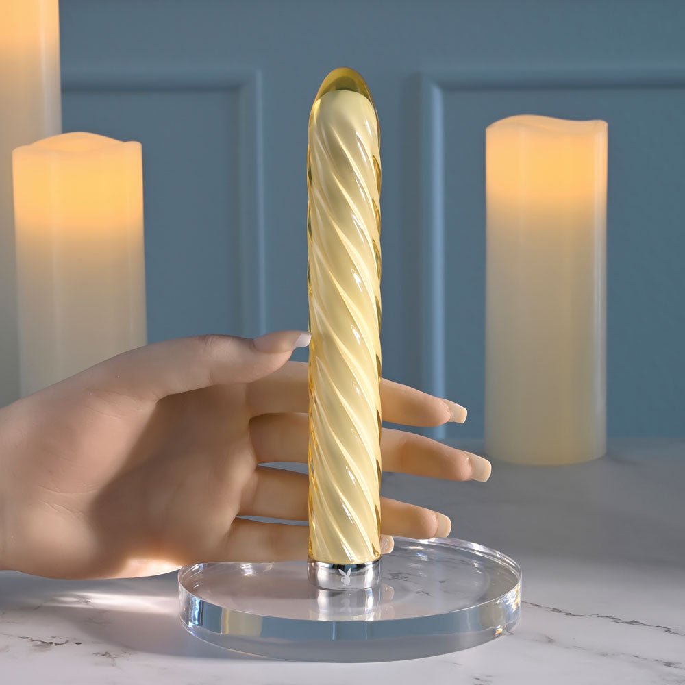 Playboy Pleasure TWIST OF FATE - Yellow Glass 17.5 cm USB Rechargeable Vibrator - silkandsin