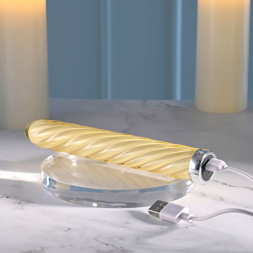 Playboy Pleasure TWIST OF FATE - Yellow Glass 17.5 cm USB Rechargeable Vibrator - silkandsin