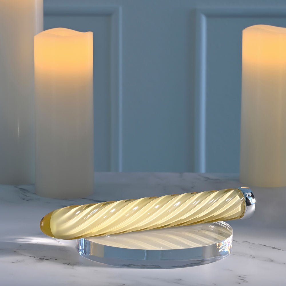 Playboy Pleasure TWIST OF FATE - Yellow Glass 17.5 cm USB Rechargeable Vibrator - silkandsin