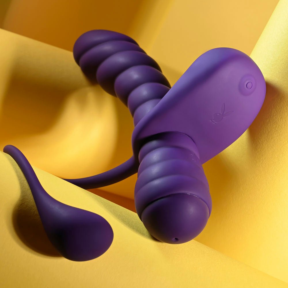 Playboy Pleasure TWISTED PLAYGROUND - Purple USB Rechargeable Vibrator and Cock Ring Kit - silkandsin