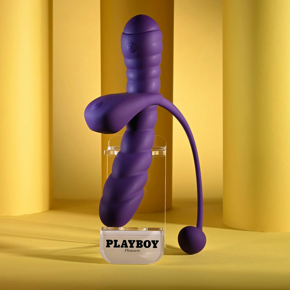 Playboy Pleasure TWISTED PLAYGROUND - Purple USB Rechargeable Vibrator and Cock Ring Kit - silkandsin