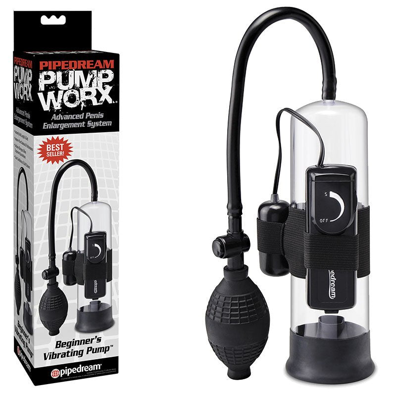 Pump Worx Beginner's Vibrating Pump - Clear/Black Vibrating Penis Pump - silkandsin