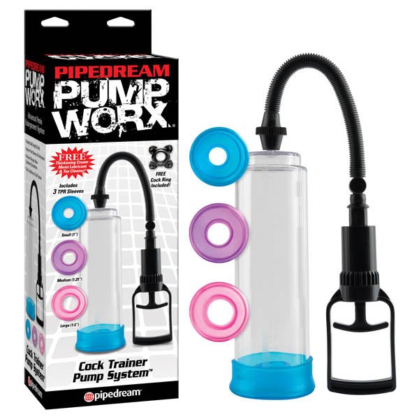 Pump Worx Cock Trainer Pump System - Clear Penis Pump with 3 Sleeves - silkandsin
