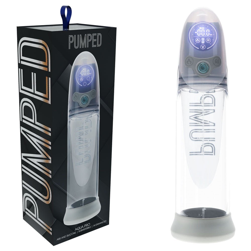 PUMPED Aqua - Pro Auto Pump - Grey - Grey/Clear USB Rechargeable AI - Enabled Submersible Auto Penis Pump - silkandsin