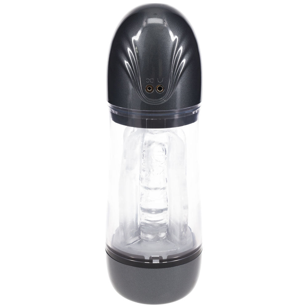 PUMPED SonicPull - Gunmetal - Gunmetal Grey/Clear USB Rechargeable Sucking And Vibrating Auto Masturbator - silkandsin