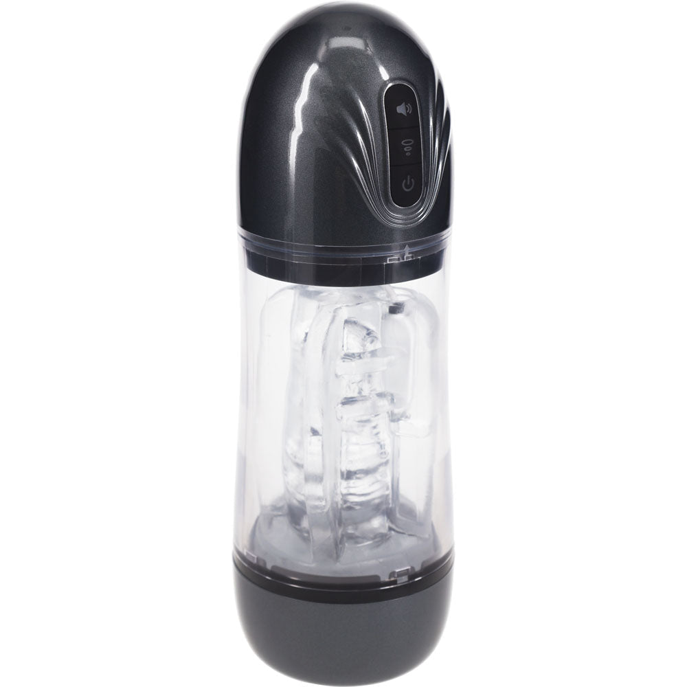 PUMPED SonicPull - Gunmetal - Gunmetal Grey/Clear USB Rechargeable Sucking And Vibrating Auto Masturbator - silkandsin