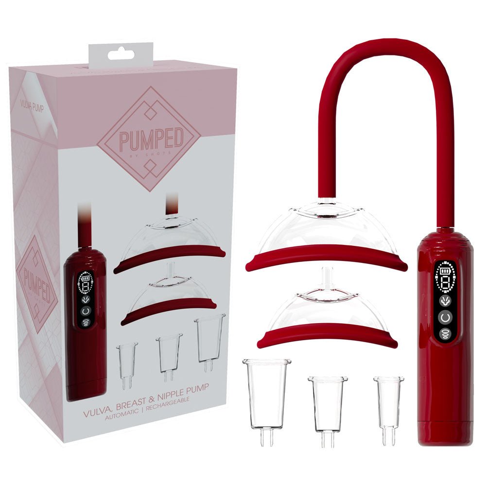 PUMPED Vulva, Breast & Nipple Pump - Red - Red USB Rechargeable Ladies Pump Set - Silk and Sin