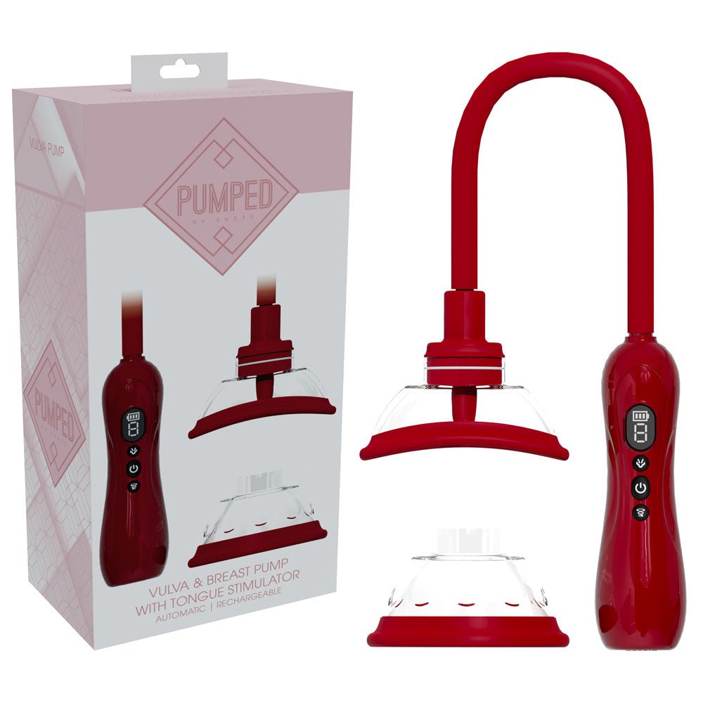 PUMPED Vulva & Breast Pump with Tongue Stimulator - Red - Red USB Rechargeable Ladies Pump Set - Silk and Sin
