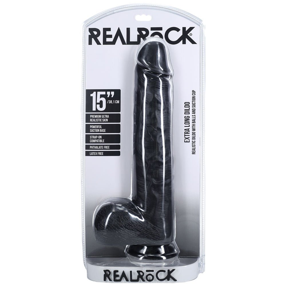 REALROCK 38cm Extra Long Dildo with Balls - Black - Black 38 cm (15'') Extra Long Dong - silkandsin