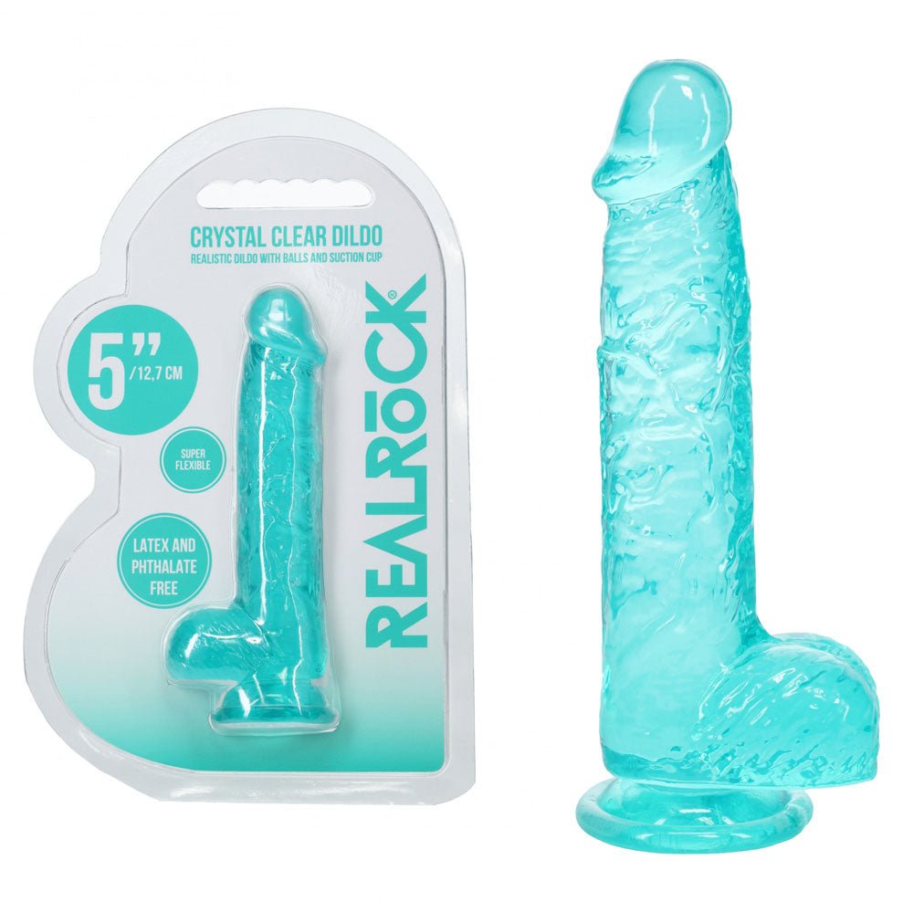 REALROCK 5'' Crystal Clear Dildo with Balls - Turquoise - Clear Turquoise 14.7 cm Dong - silkandsin