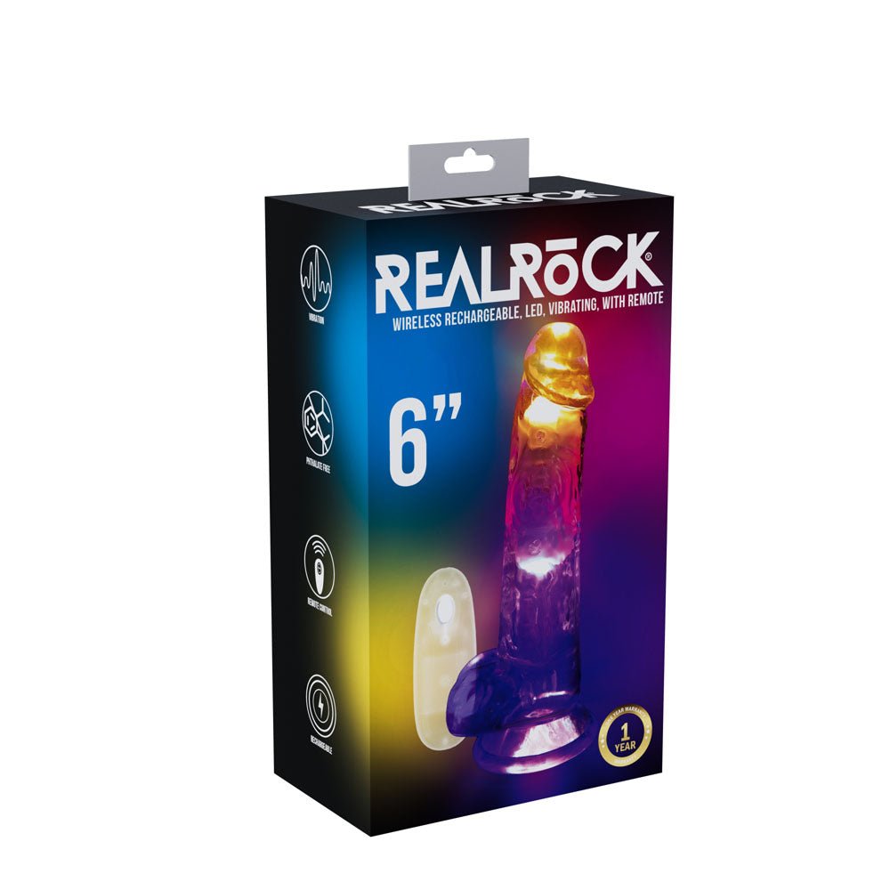 REALROCK 6'' with Balls Wireless Rechargeable LED Vibrating Dong - Clear with LED 16.2 cm USB Rechargeable Vibrating Dong with Remote - silkandsin