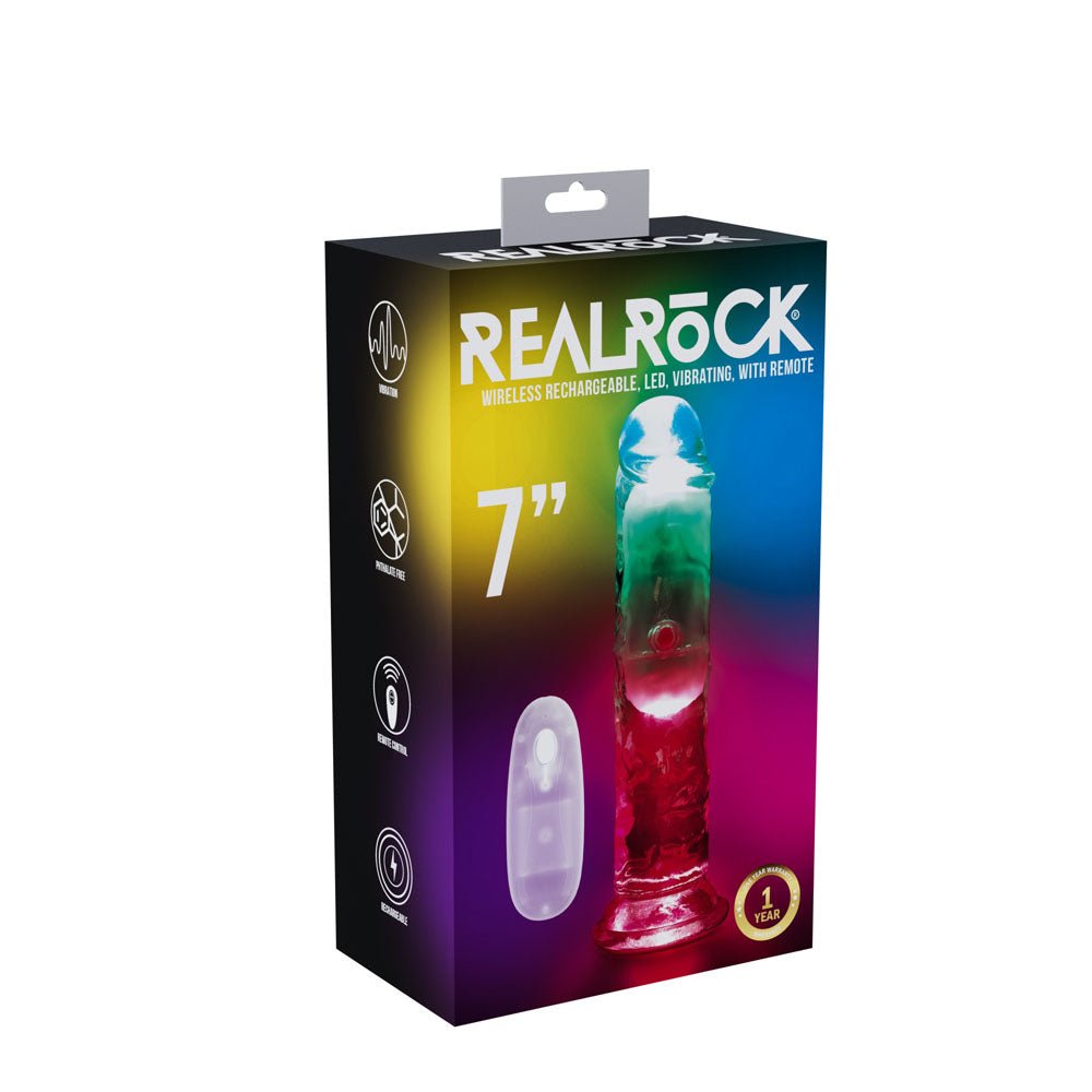 REALROCK 7'' No Balls Wireless Rechargeable LED Vibrating Dong - Clear with LED 20 cm USB Rechargeable Vibrating Dong with Remote - silkandsin