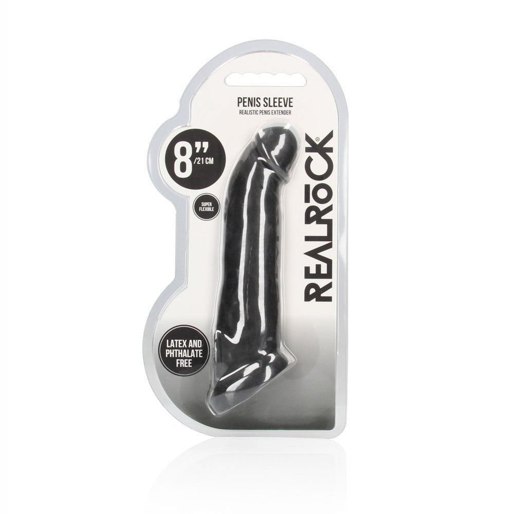 REALROCK 8'' Realistic Penis Extender with Rings - Black - Black 20.3 cm Penis Extension Sleeve - silkandsin