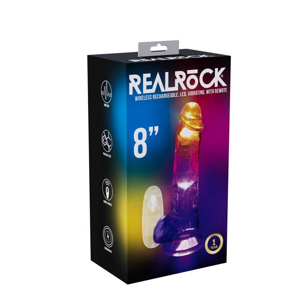 REALROCK 8'' with Balls Wireless Rechargeable LED Vibrating Dong - Clear with LED 22.5 cm USB Rechargeable Vibrating Dong with Remote - silkandsin