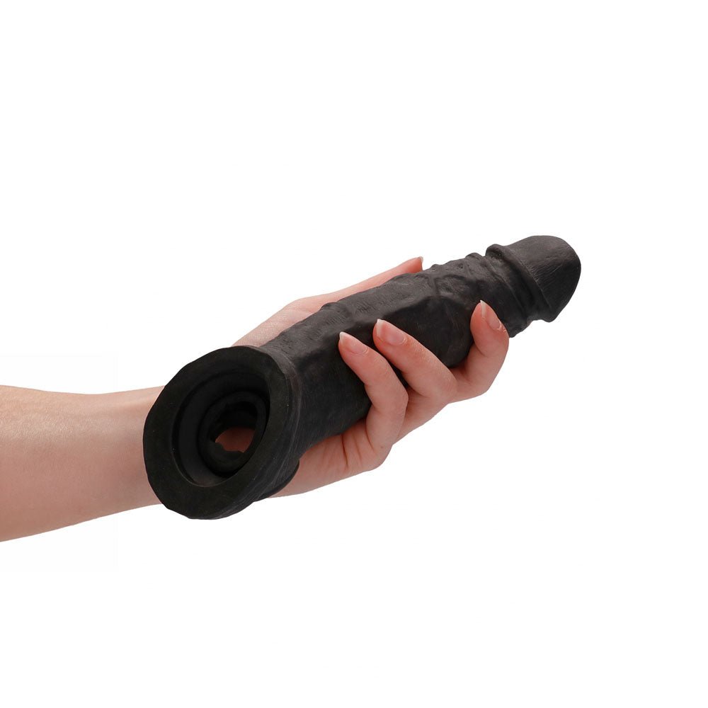 REALROCK 9'' Realistic Penis Extender with Rings - Black - Black 22.9 cm Penis Extension Sleeve - Silk and Sin