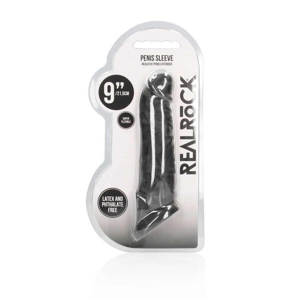 REALROCK 9'' Realistic Penis Extender with Rings - Black - Black 22.9 cm Penis Extension Sleeve - Silk and Sin