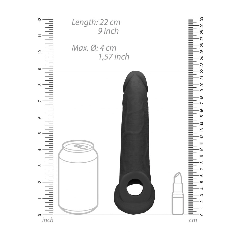 REALROCK 9'' Realistic Penis Extender with Rings - Black - Black 22.9 cm Penis Extension Sleeve - Silk and Sin