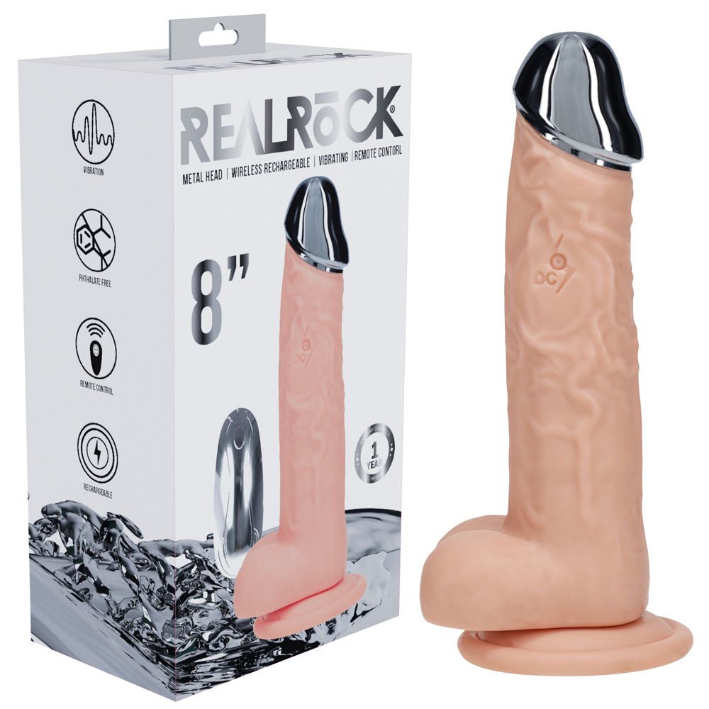 REALROCK Metal Head 8'' Rechargeable Dildo - Flesh - Flesh 22 cm USB Rechargeable Vibrating Dildo with Metal Head and Wireless Remote - silkandsin