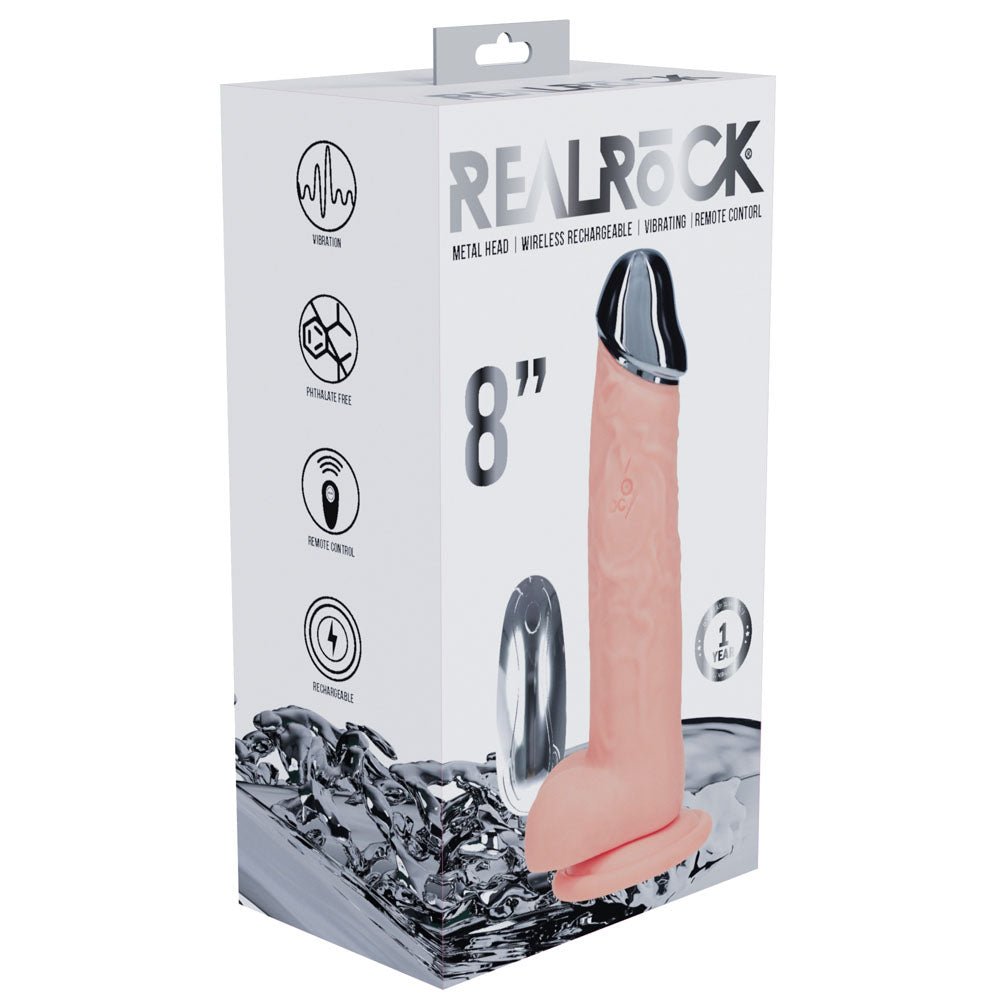 REALROCK Metal Head 8'' Rechargeable Dildo - Flesh - Flesh 22 cm USB Rechargeable Vibrating Dildo with Metal Head and Wireless Remote - silkandsin