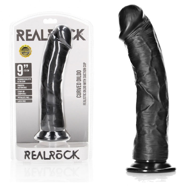 REALROCK Realistic Regular Curved Dildo with Suction Cup - 23 cm - Black 23 cm (9'') Dong - silkandsin