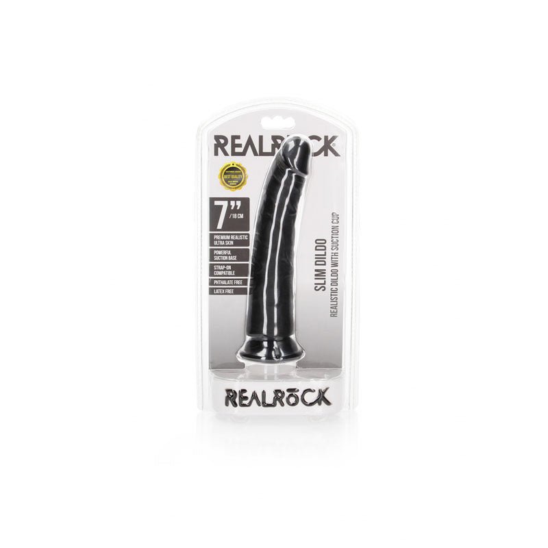 REALROCK Realistic Slim Dildo with Suction Cup - 18cm - Black 18 cm (7'') Dong - silkandsin
