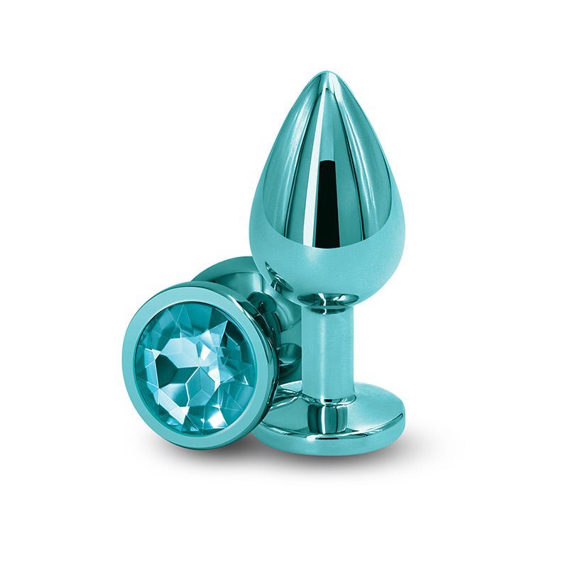 Rear Assets - Medium - Teal - Teal 8.2 cm Medium Metal Butt Plug with Teal Round Gem Base - Silk and Sin